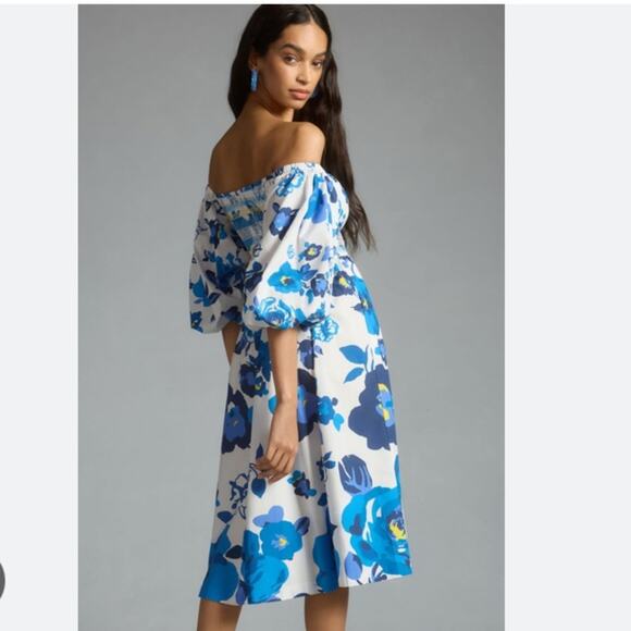 PLENTY BY TRACY REESE OFF-THE-SHOULDER PUFF-SLEEVE SMOCKED DRESS blue white XS - Picture 3 of 10